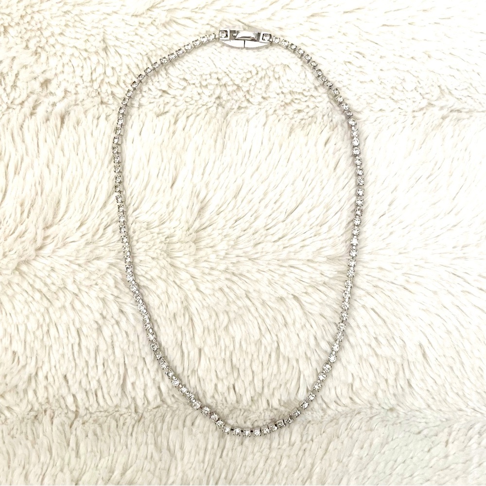 Joel Mazer Jewelry Vintage Silver Necklace with Clear Stones 14 inch